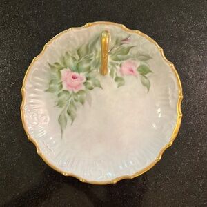 Antique Lemon Dish Server Handled Plate Pink Rose Pattern